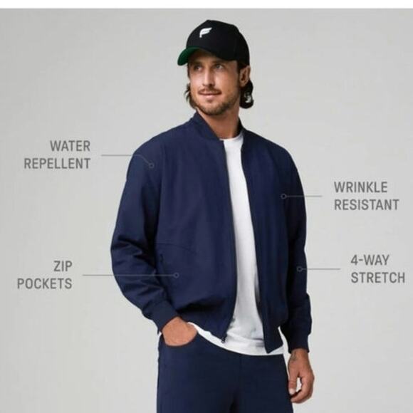 Fabletics Mens The Don Everyday Bomber Size Small Navy Lined Rain Resistant - Picture 2 of 10
